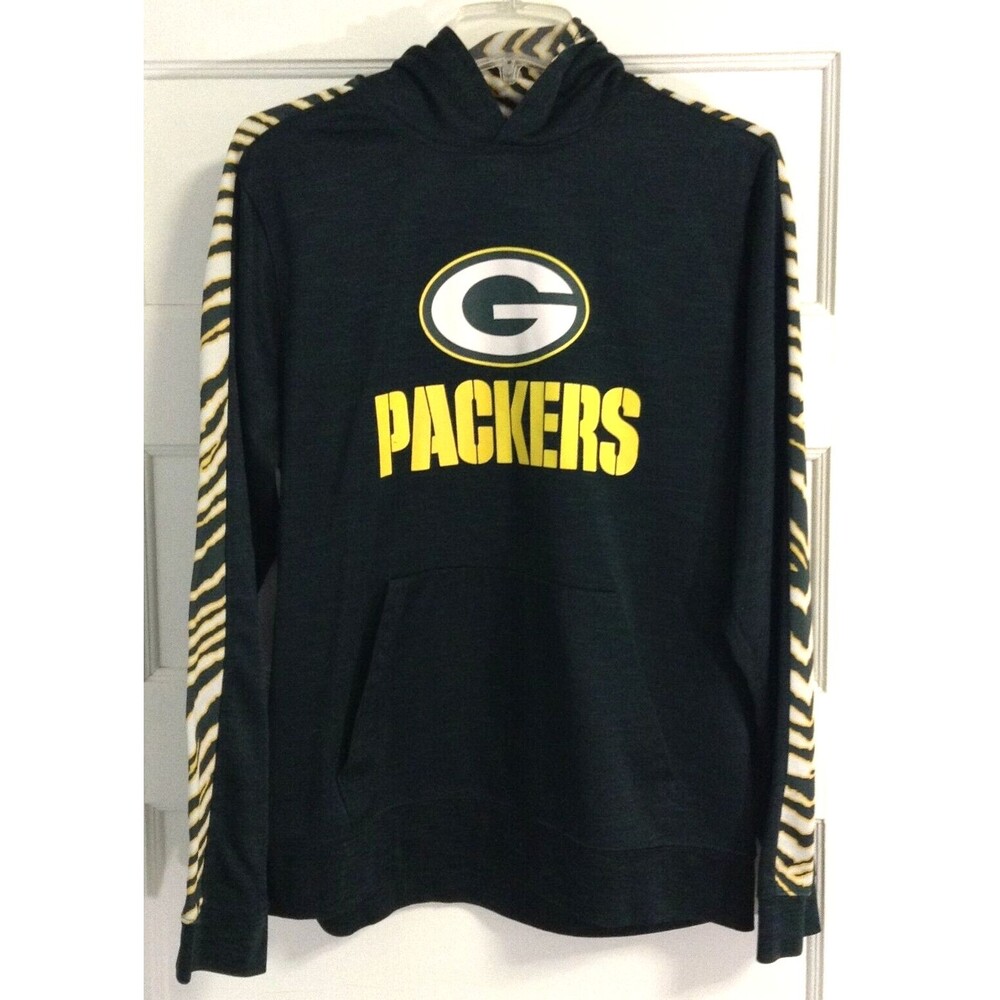 Green Bay Packers Hoodie Wn M Green Sweatshirt Spell Out Logo NFL Tiger Trim